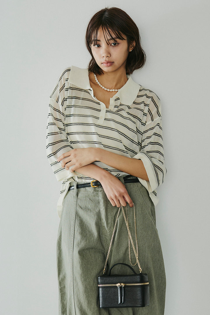 [SET]ボーダーニットポロシャツ+サイドベルトカーブワイドパンツ(2set)