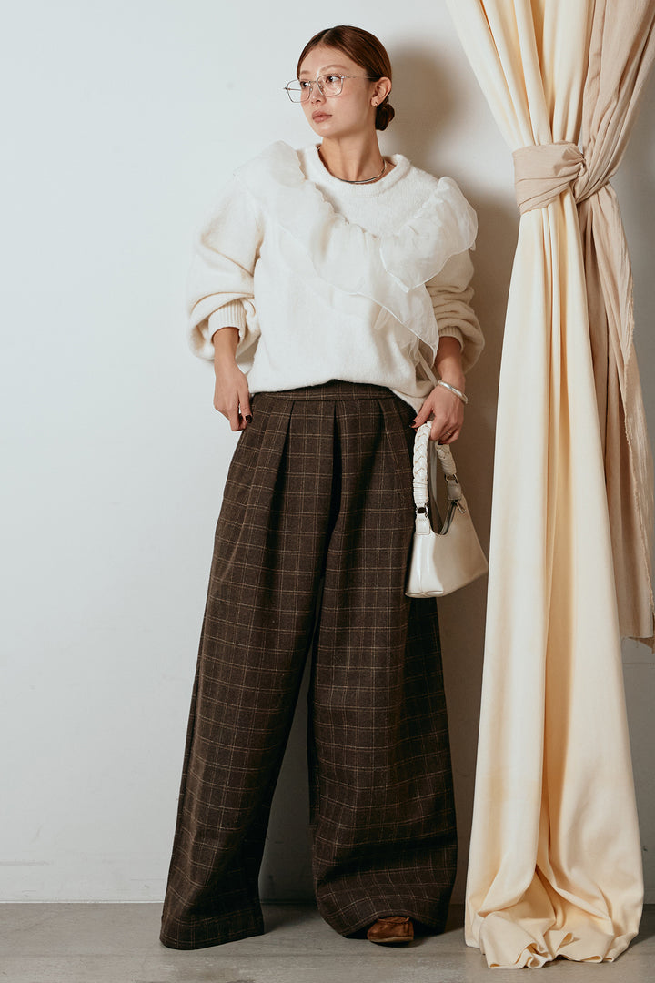 [SET]アシンメトリーフリルニットトップス+ウールライクチェックタックパンツ(2set)
