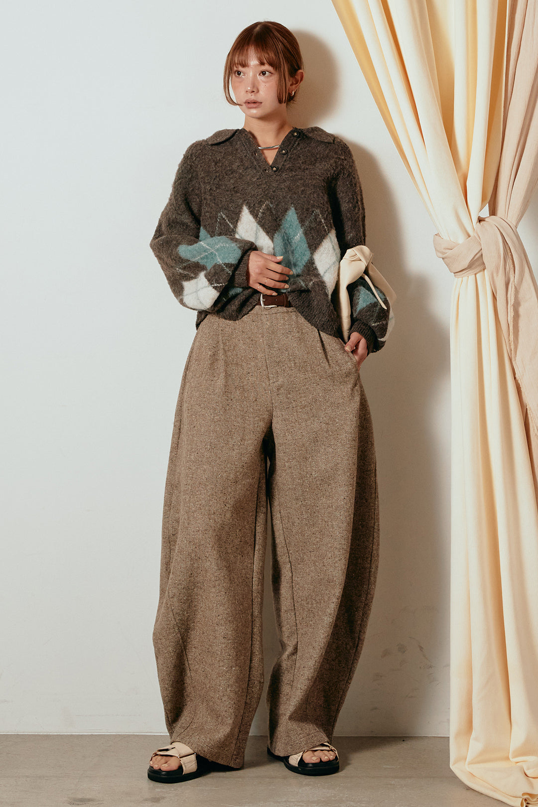 [SET]アーガイル柄ポロニットトップス+ベルト付きネップツイードカーブパンツ(2set)