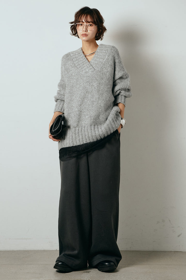 [SET]Vネックラメニットトップス+レース切り替えキャミソール(2set)