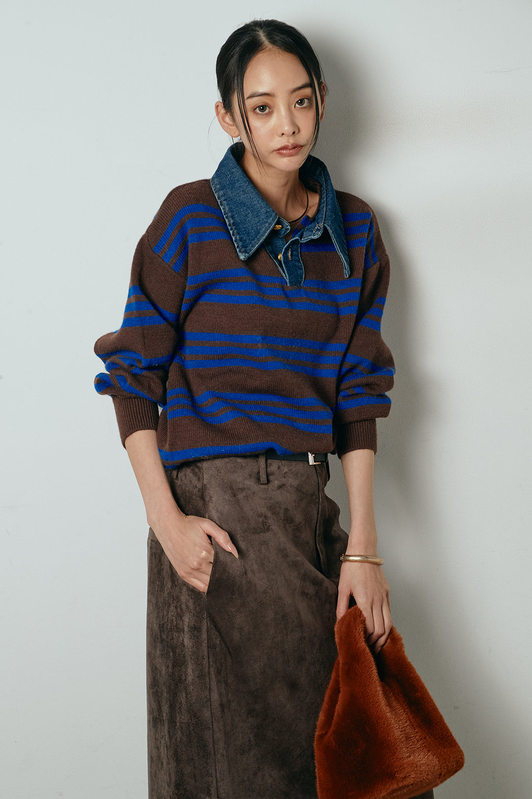 [SET]デニムレイヤード風ランダムボーダーニットプルオーバー+エコスウェードワイドスカート(2set)