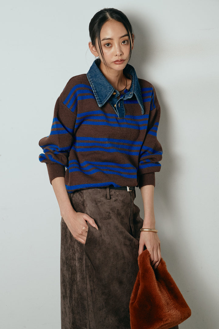 [SET]デニムレイヤード風ランダムボーダーニットプルオーバー+エコスウェードワイドスカート(2set)