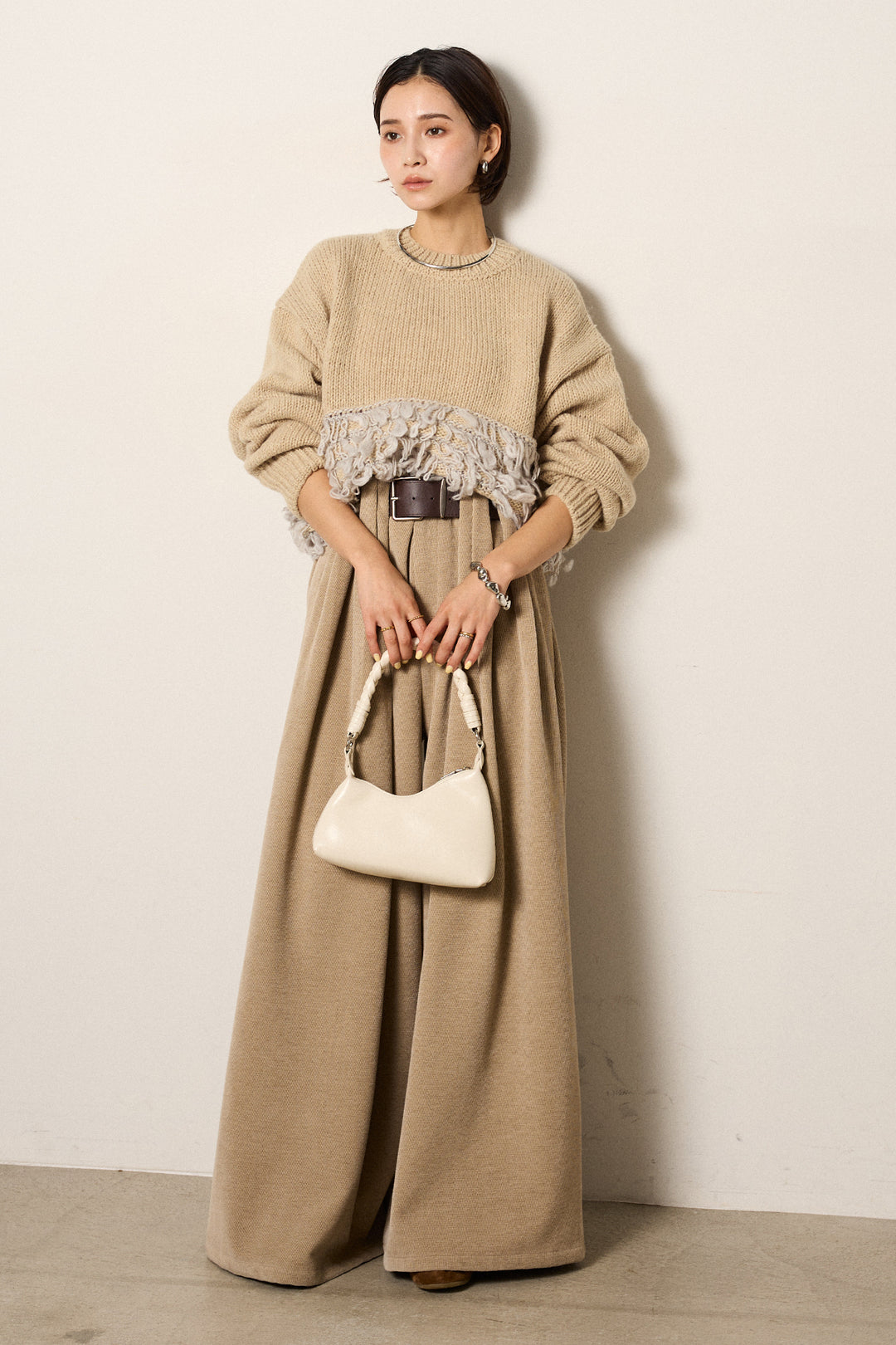 [SET]ループ編み切り替えニットプルオーバー+ベルトループコーデュロイワイドパンツ(2set)