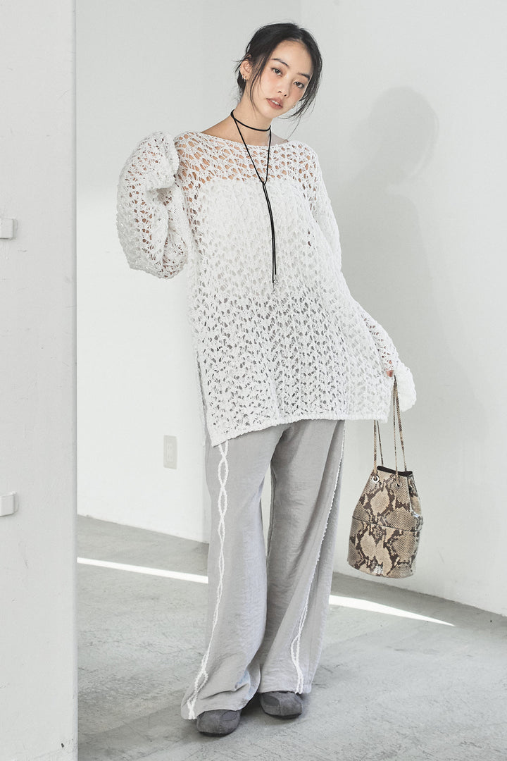 [SET]リラックスメッシュニットトップス+刺繡テープラインパンツ(2set)