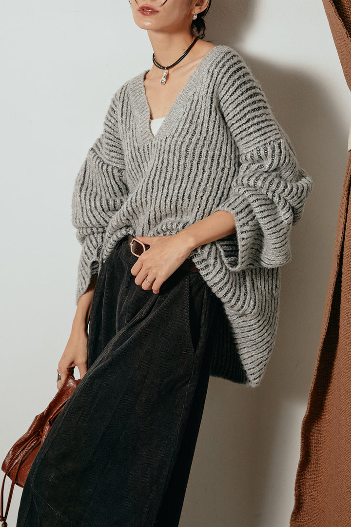 [SET]アルパカタッチ深Vニットトップス+タック入りコーデュロイワイドパンツ(2set)