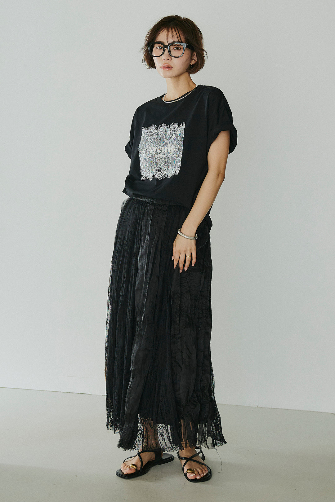 [SET]レースロゴ刺繍Tシャツ+レースコンビワッシャーギャザースカート(2set)