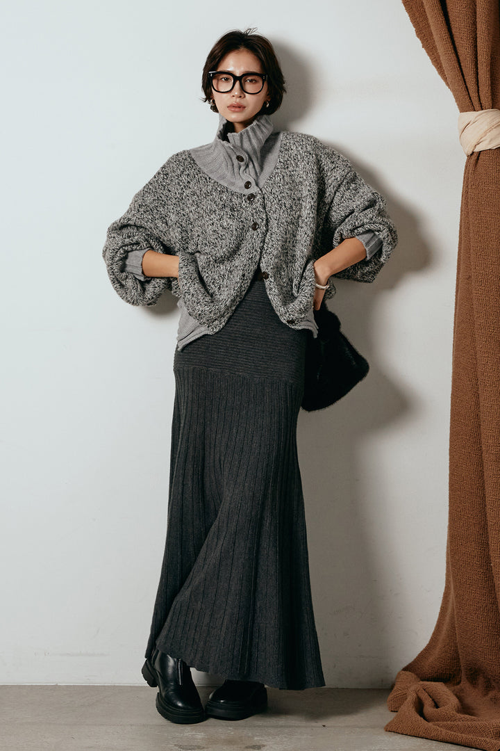 [SET]ハイネックミックスニットカーディガン+編み地切り替えフレアニットスカート(2set)