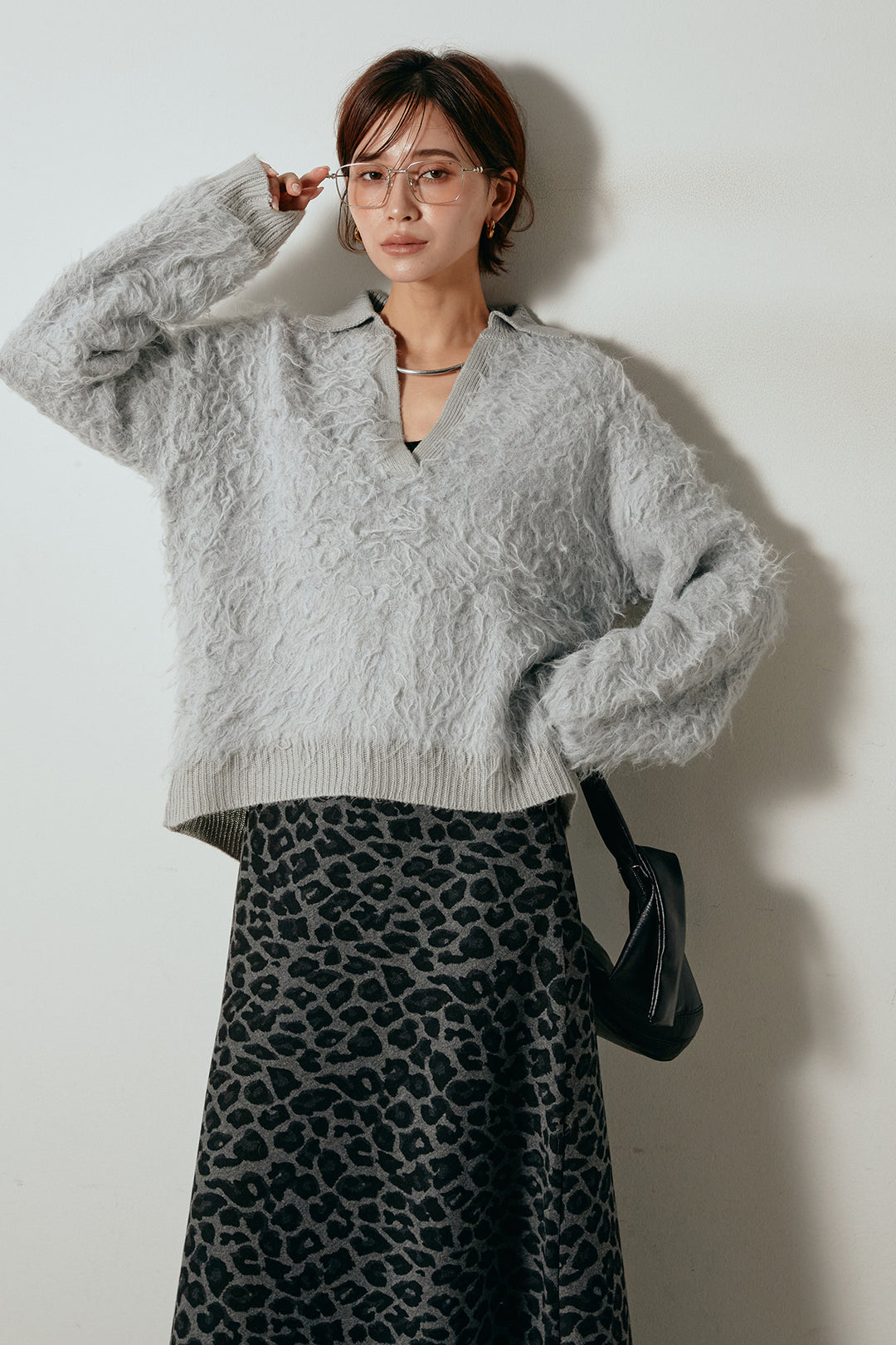 [SET]襟付きシャギーニットポロトップス+レオパードロングスカート(2set)