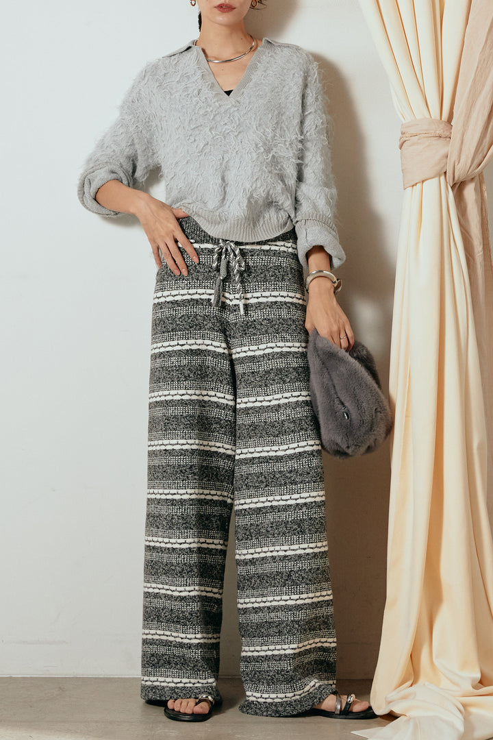 [SET]襟付きシャギーニットポロトップス+マルチライン柄リラックスニットパンツ(2set)