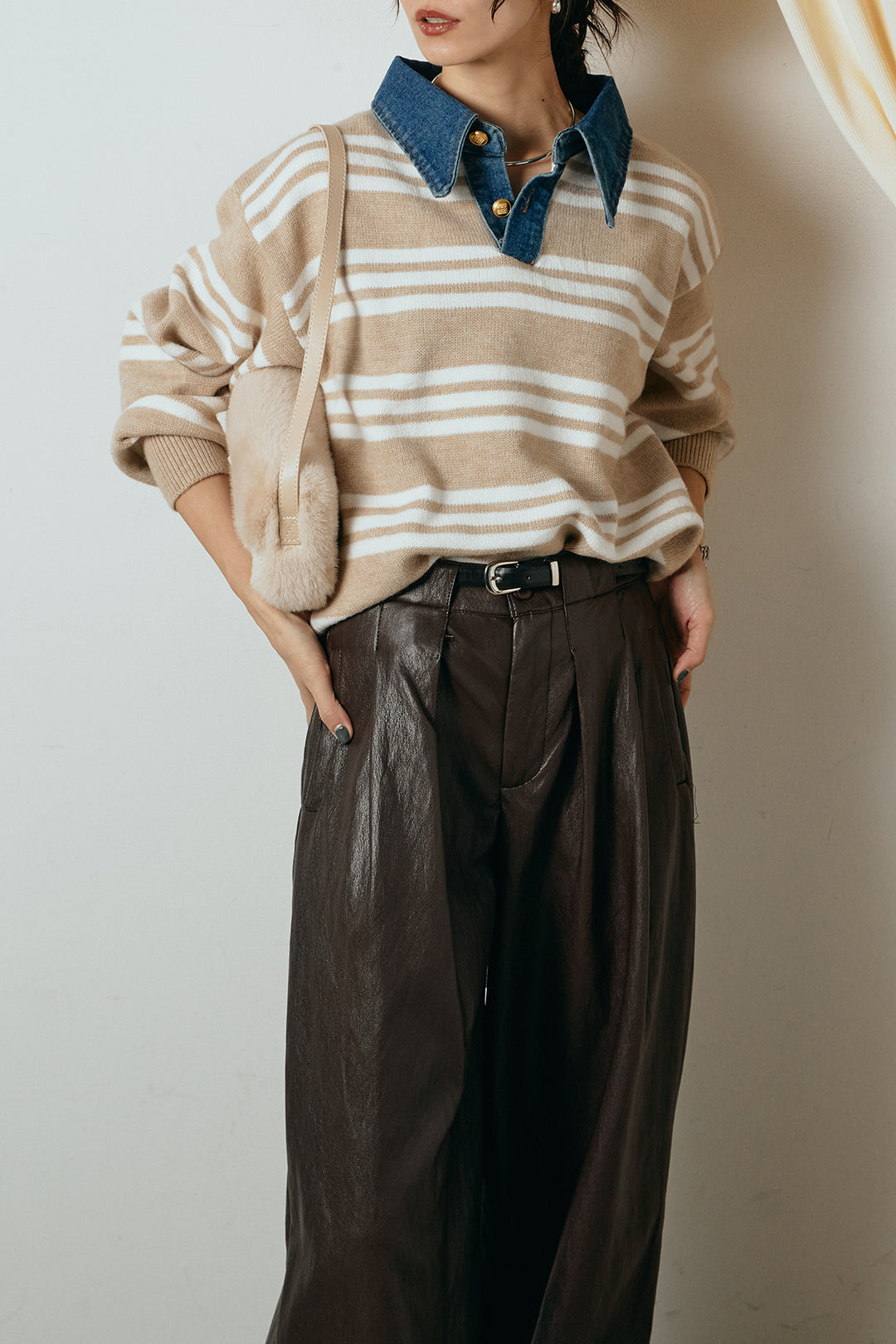 [SET]デニムレイヤード風ランダムボーダーニットプルオーバー+ベルト付きレザーライクタックパンツ(2set)