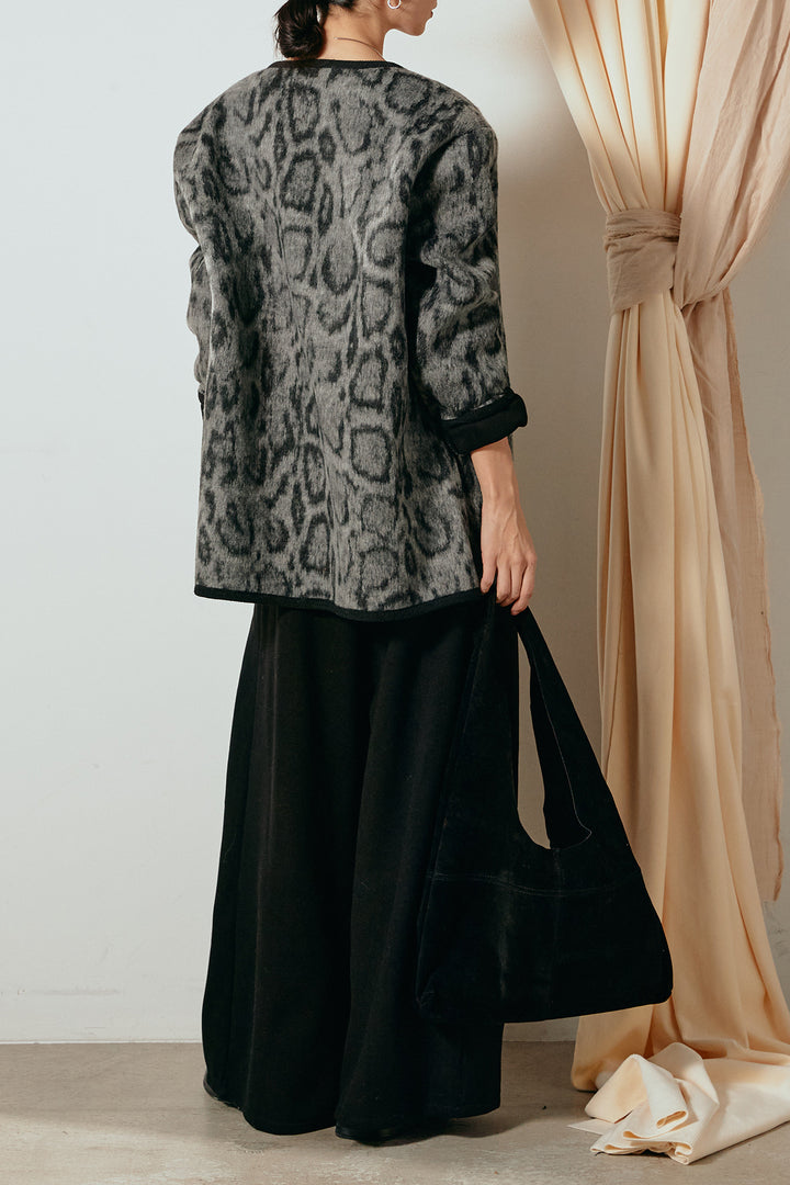 [SET]ノーカラーレオパード柄アウター+フェイクレザー太ベルト付きタックワイドパンツ(2set)