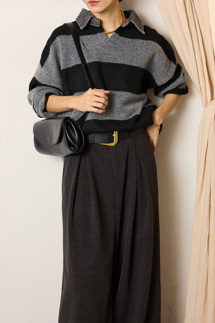 [SET]デニムカラーボーダールーズニット+ゴールドバックル太ベルト付きワイドパンツ(2set)