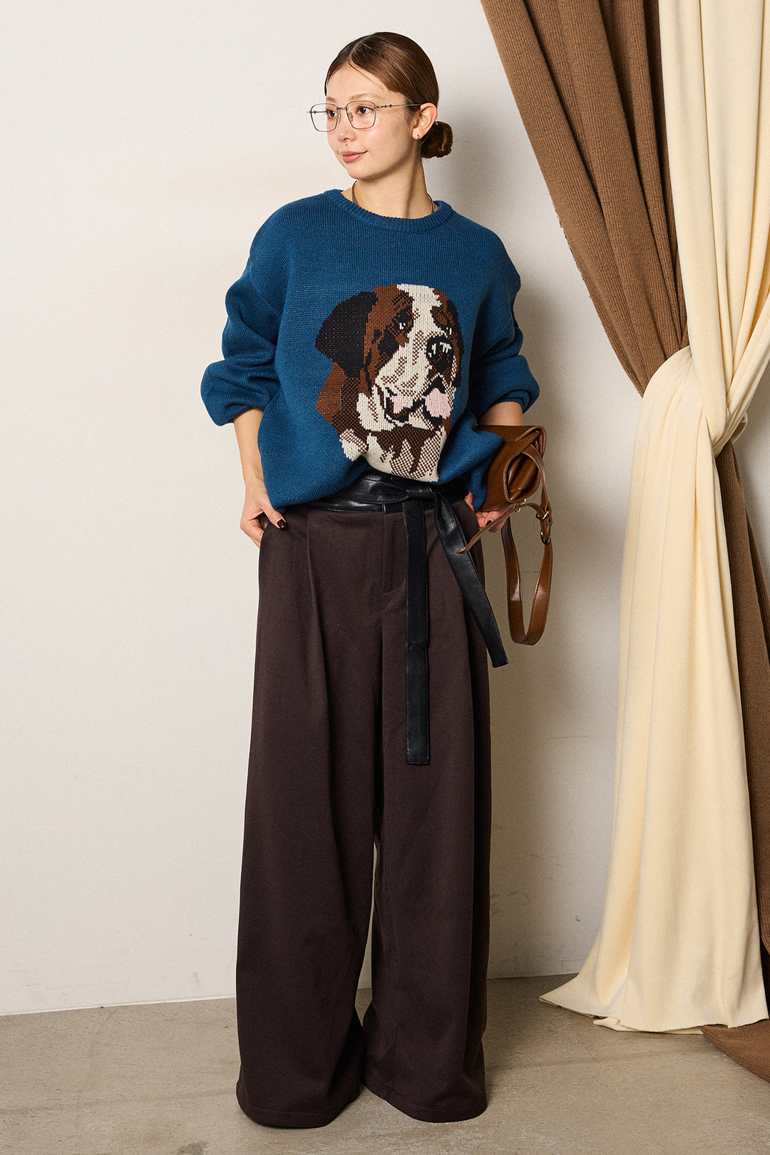 [SET]アニマルジャガード柄ニットトップス+巻ベルトウエストレザーライクワイドパンツ(2set)