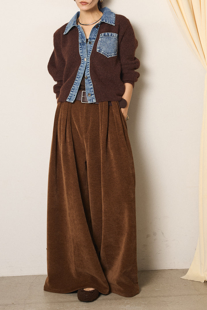 [SET]襟付きデニム切替ニットカーディガン+ベルトループコーデュロイワイドパンツ(2set)