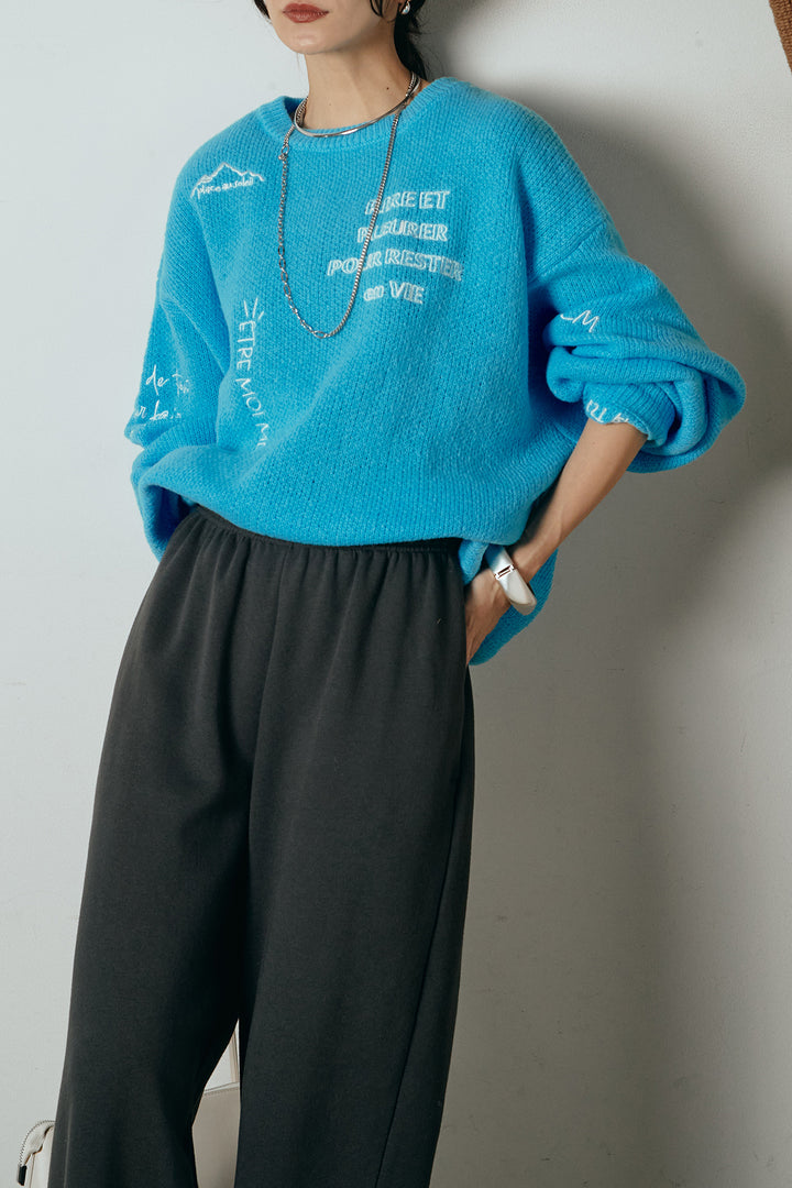 [SET]刺繍ロゴランダムデザインニットトップス+裏起毛スウェットワイドパンツ(2set)