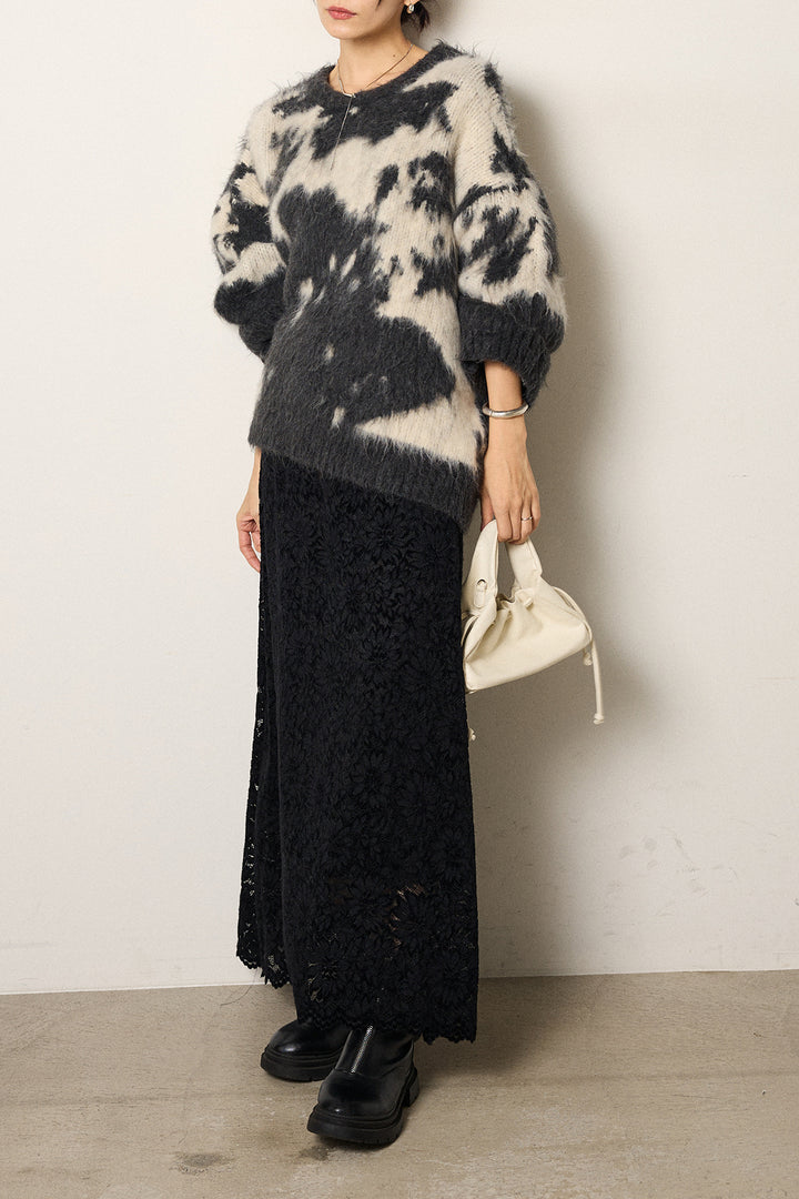 [SET]モヘアタッチマーブルニット+花柄刺繍ベロアフレアスカート(2set)