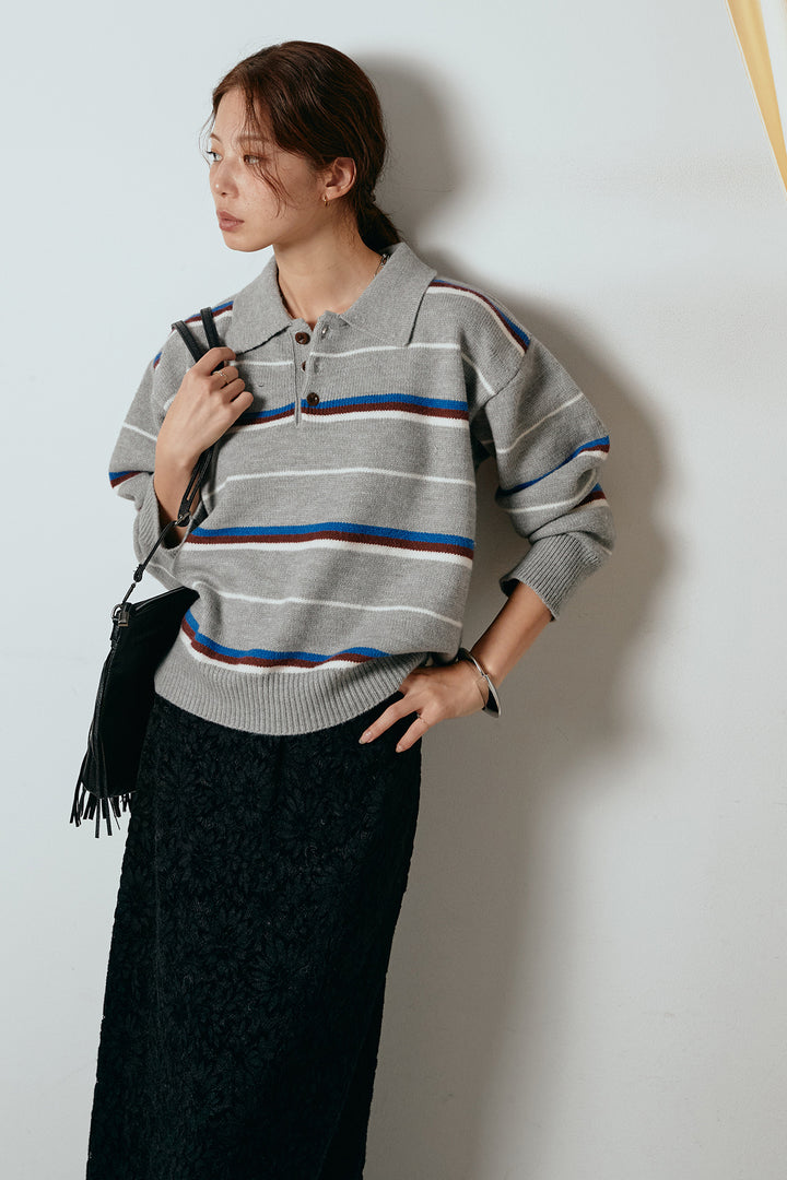 [SET]襟付きマルチボーダーニットポロトップス+花柄刺繍ベロアフレアスカート(2set)