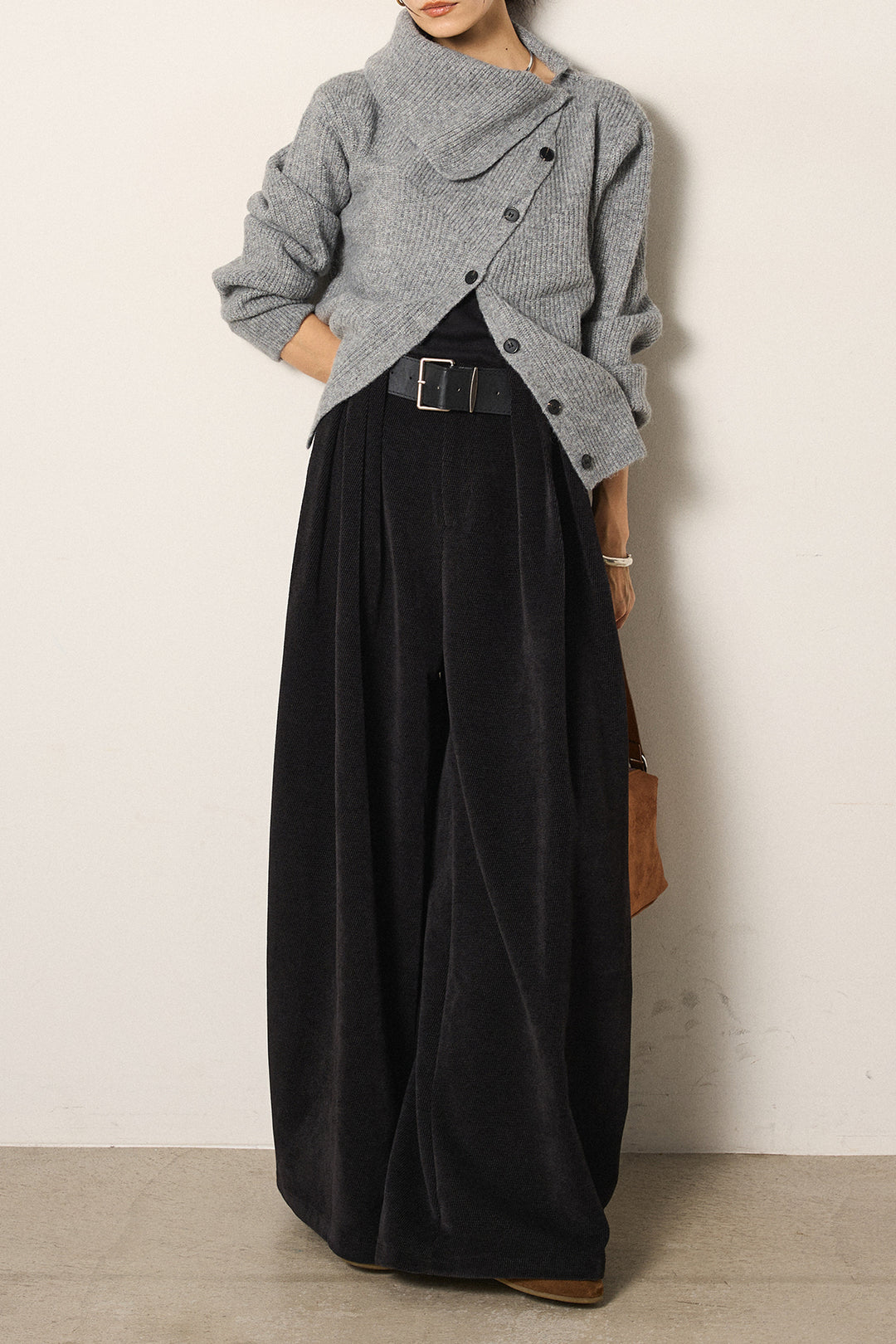 [SET]ボタンデザインネックニットプルオーバー+ベルトループコーデュロイワイドパンツ(2set)