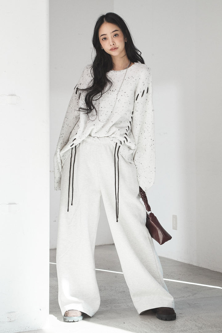 [SET]ネップ編み上げニットトップス+裏起毛スウェットワイドパンツ(2set)