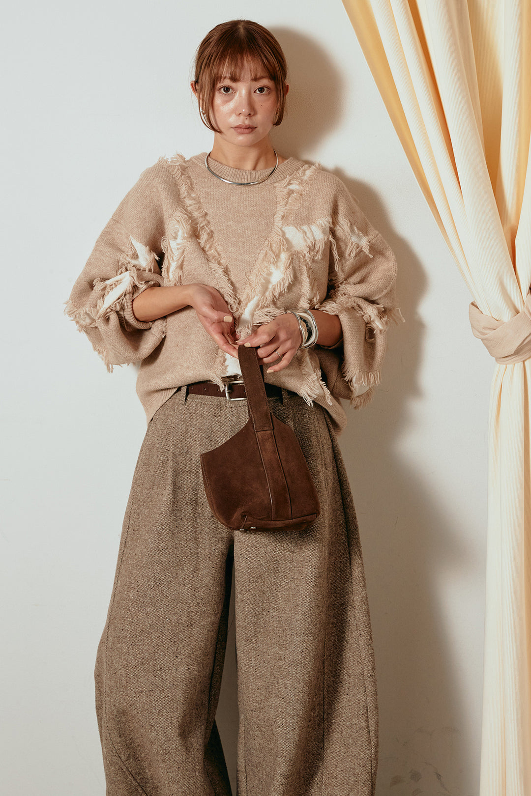 [SET]シャギージャガードニットトップス+ベルト付きネップツイードカーブパンツ(2set)