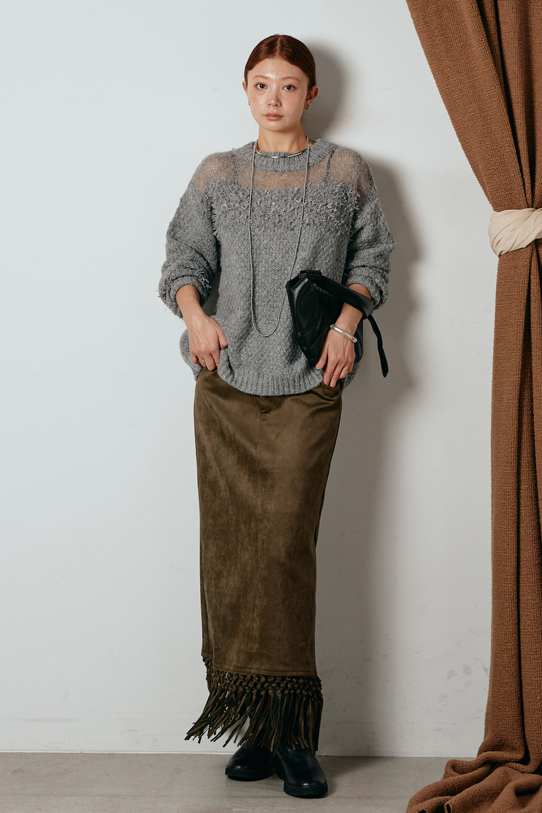 [SET]パターンランダム編みニットトップス+スウェードライク裾フリンジスカート(2set)