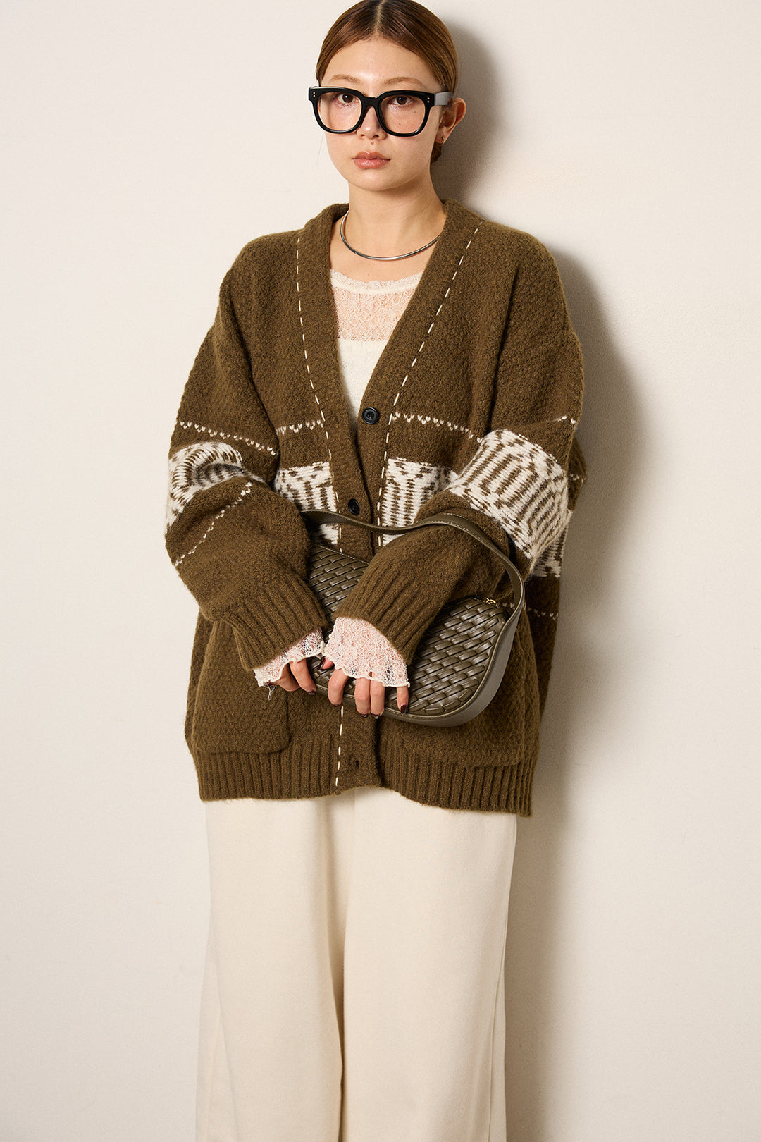 [SET]ライン柄ステッチニットカーディガン+2WAY袖コード刺繍クルーネックプルオーバー+裏起毛スウェットワイドパンツ(3set)