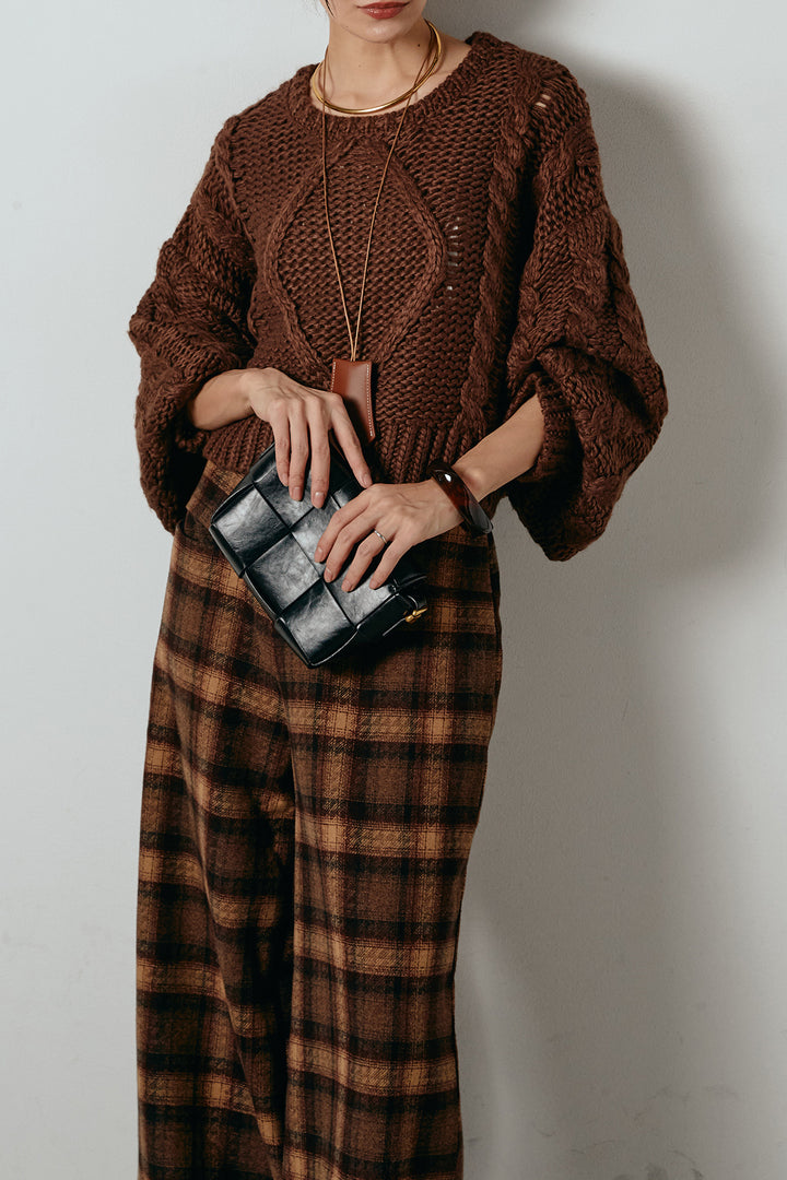 [SET]ロービングケーブルショート丈プルオーバー+ルーズタータンチェックワイドパンツ(2set)