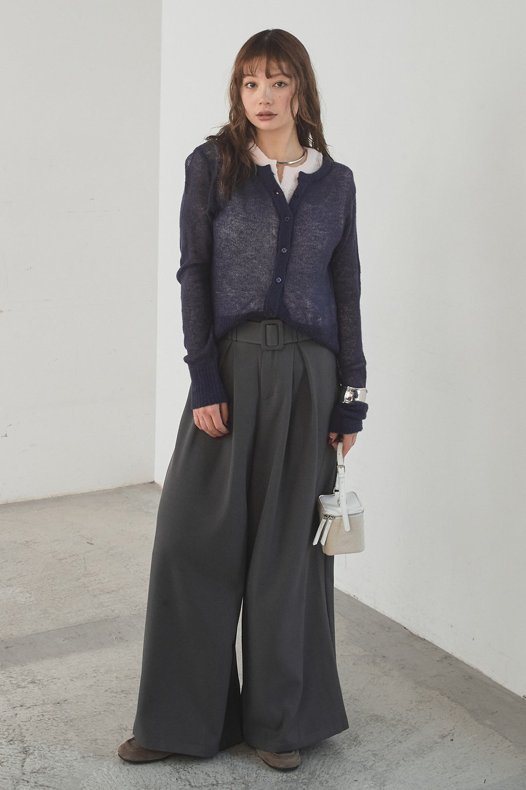 [SET]モヘア透かし編みレイヤードアンサンブルセット+ベルト付きツータックワイドパンツ(2set)
