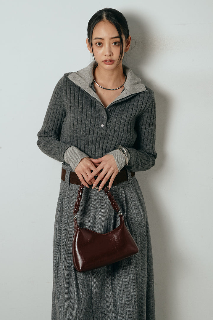 [SET]レイヤード風リブニットトップス+太ベルト付きヘリンボーンプリーツスカート(2set)