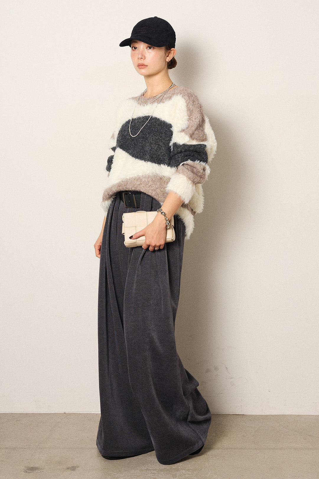 [SET]シャギーウェーブ柄クルーネックニットトップス+ベルトループコーデュロイワイドパンツ(2set)