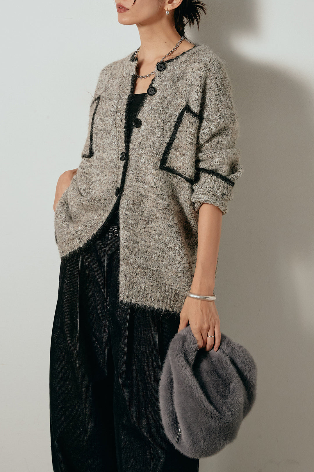 [SET]ミックスニットポケットカーディガン+フロントタック入りコーデュロイパンツ(2set)