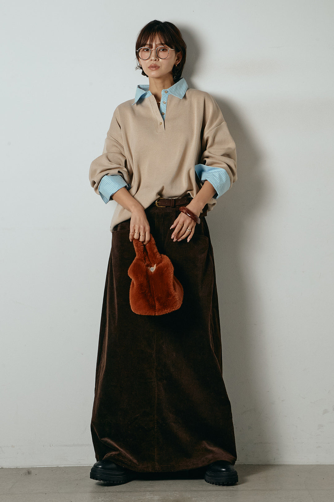 [SET]ストライプシャツドッキングポロトップス+ポーチベルト付きコーデュロイワイドスカート(2set)