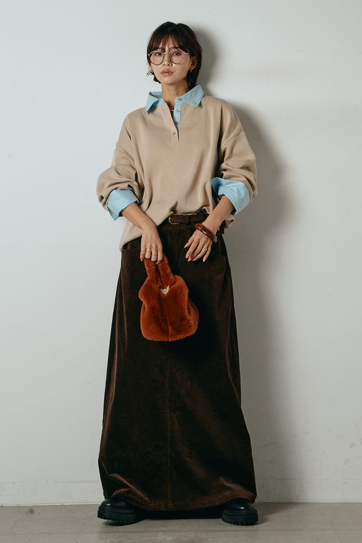 [SET]ストライプシャツドッキングポロトップス+ポーチベルト付きコーデュロイワイドスカート(2set)