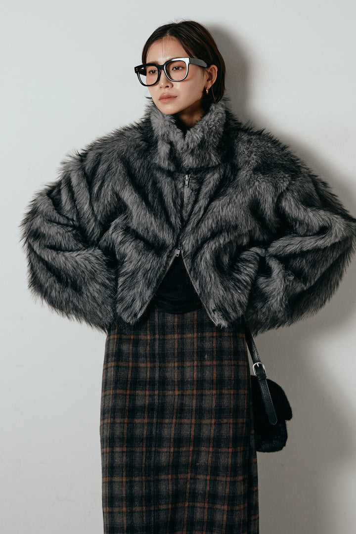 [SET]エコファーショート丈ブルゾン+シャギーチェックストレートスカート(2set)