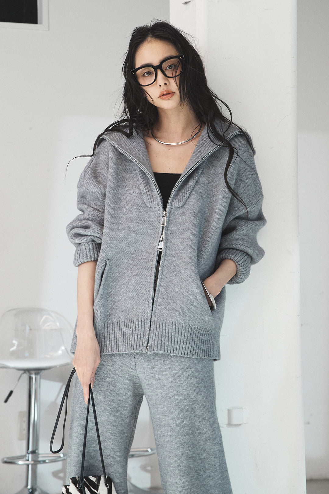 【着回しセット】[SET]ビッグカラーダブルジップニットSETUP+ストライプドッキングニットポロSETUP(2set)