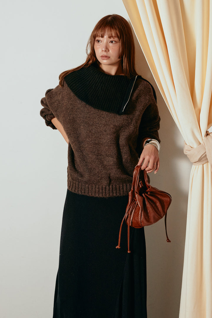 [SET]ハイネックジップデザインニットトップス+サイド切り替えリブニットロングスカート(2set)