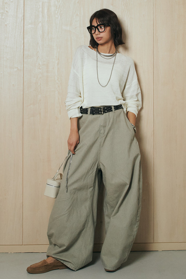 [SET]麻混リラックスニットトップス+ベルト付きカラーデニムパンツ(2set)