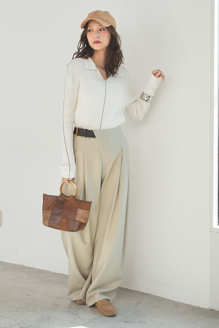 [SET]衿付きニットプルオーバー+サイドベルトタック入りスラックス(2set)