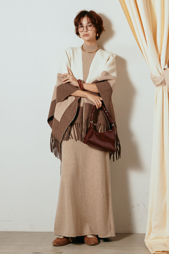 [SET]裾フリンジ柄ポンチョアウター+ノースリーブニットロングワンピース(2set)