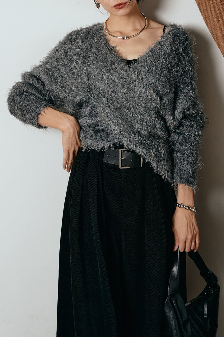 [SET]シャギークロスニットトップス+ベルトループコーデュロイワイドパンツ(2set)