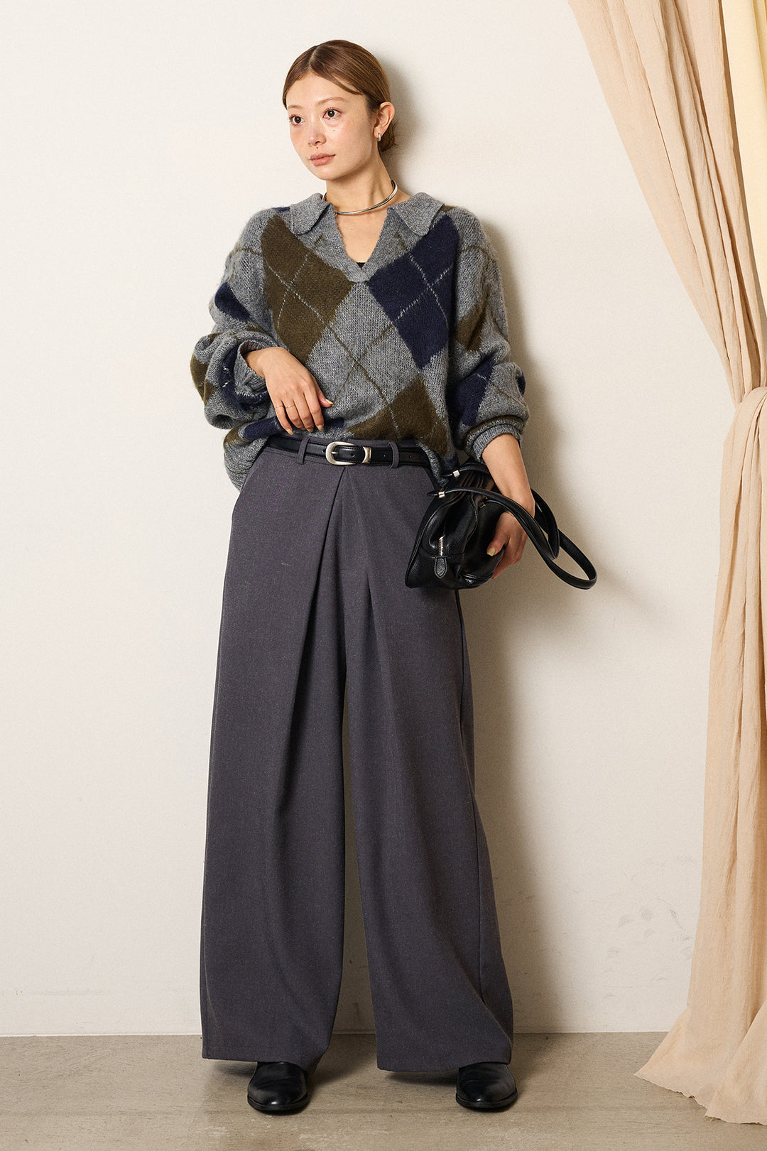 [SET]アクリルモヘアアーガイルキーネックプルオーバー+フロントワイドタックネップ入ワイドパンツ(2set)