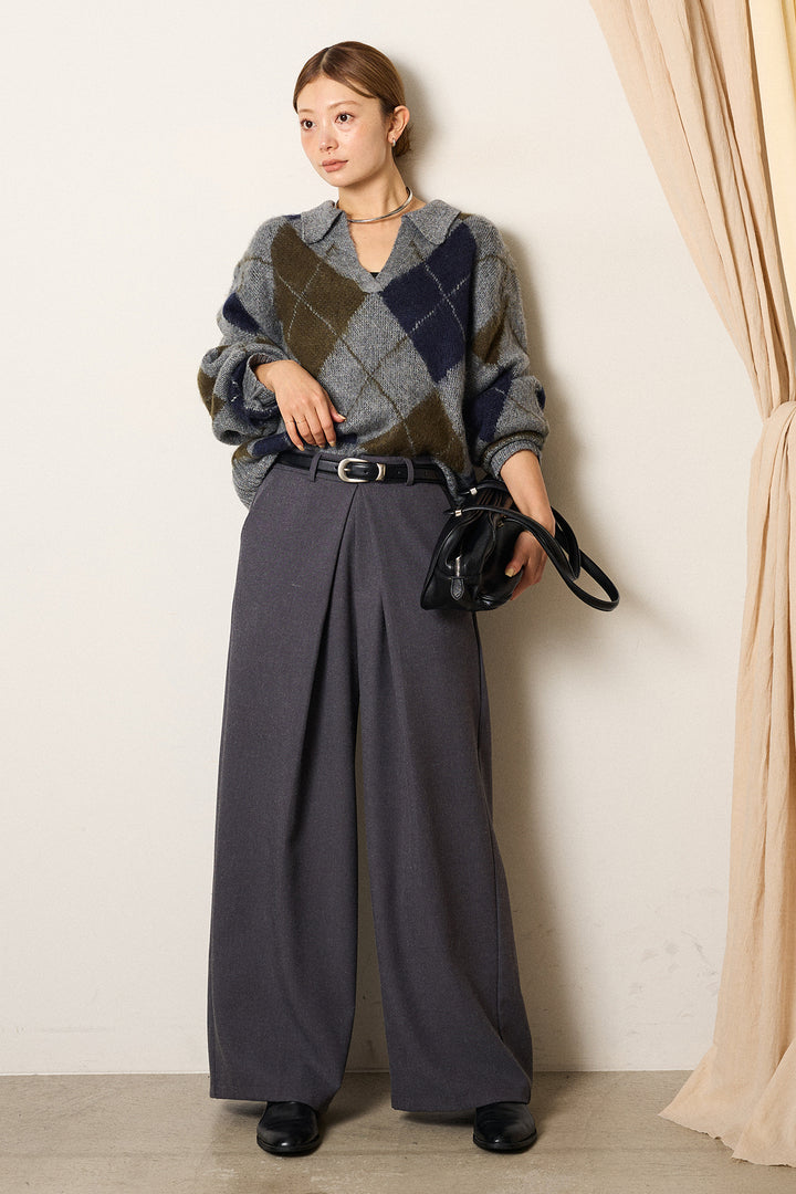 [SET]アクリルモヘアアーガイルキーネックプルオーバー+フロントワイドタックネップ入ワイドパンツ(2set)