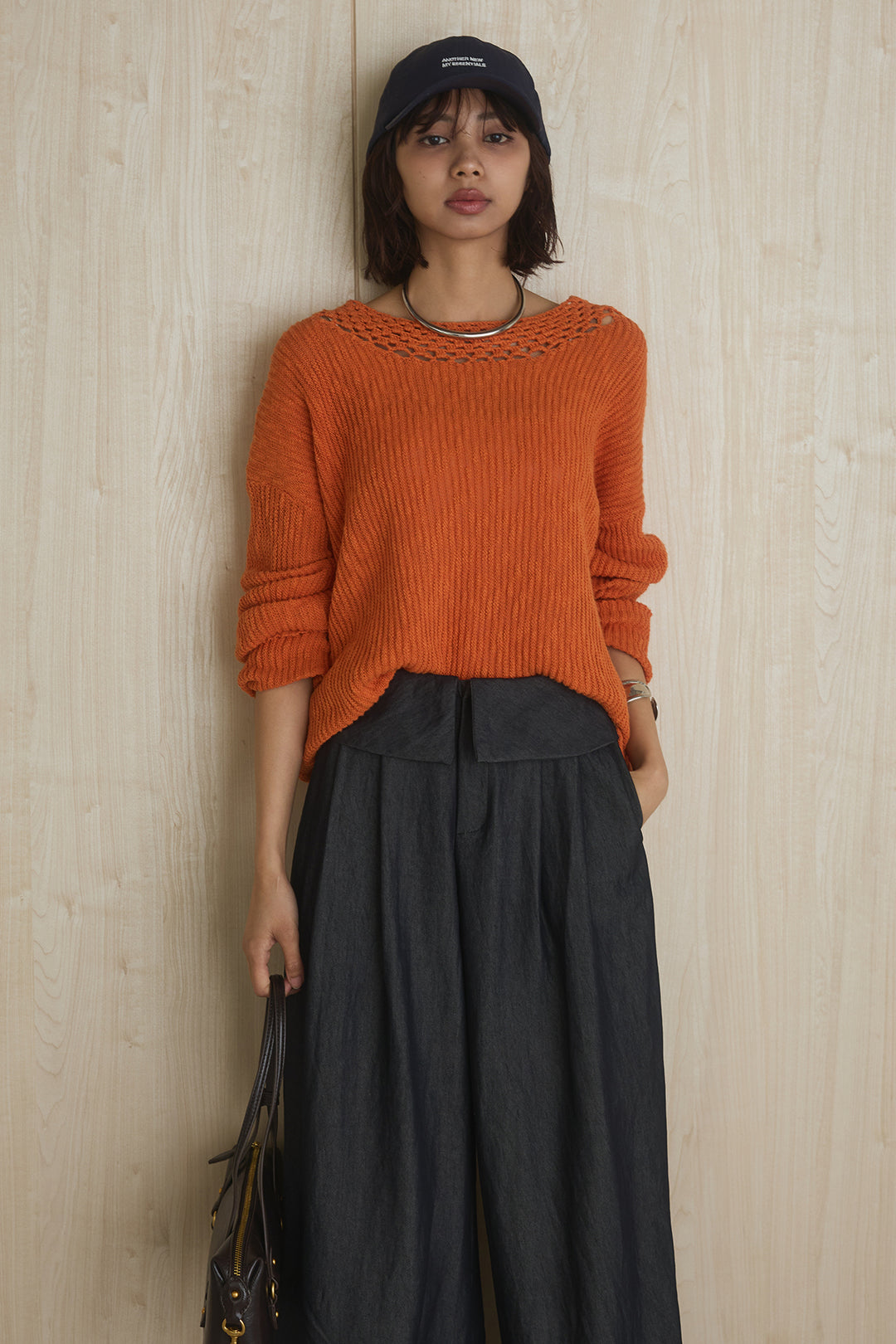 [SET]ネック編みデザインニットトップス+ウエスト折り返しワイドパンツ(2set)