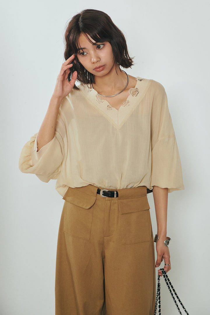 [SET]Vネックダメージデザイントップス+フロントフラップポケットベルト付きワイドパンツ(2set)