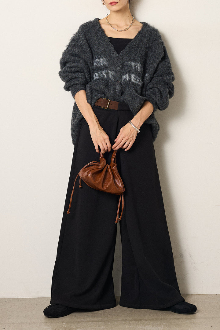 [SET]ウール混透かしロゴニットカーディガン+サイドベルトパンツ(2set)