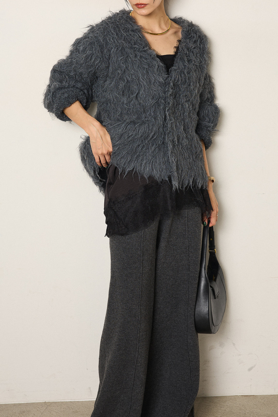 [SET]起毛シャギーニットカーディガン+センターラインニットパンツ(2set)