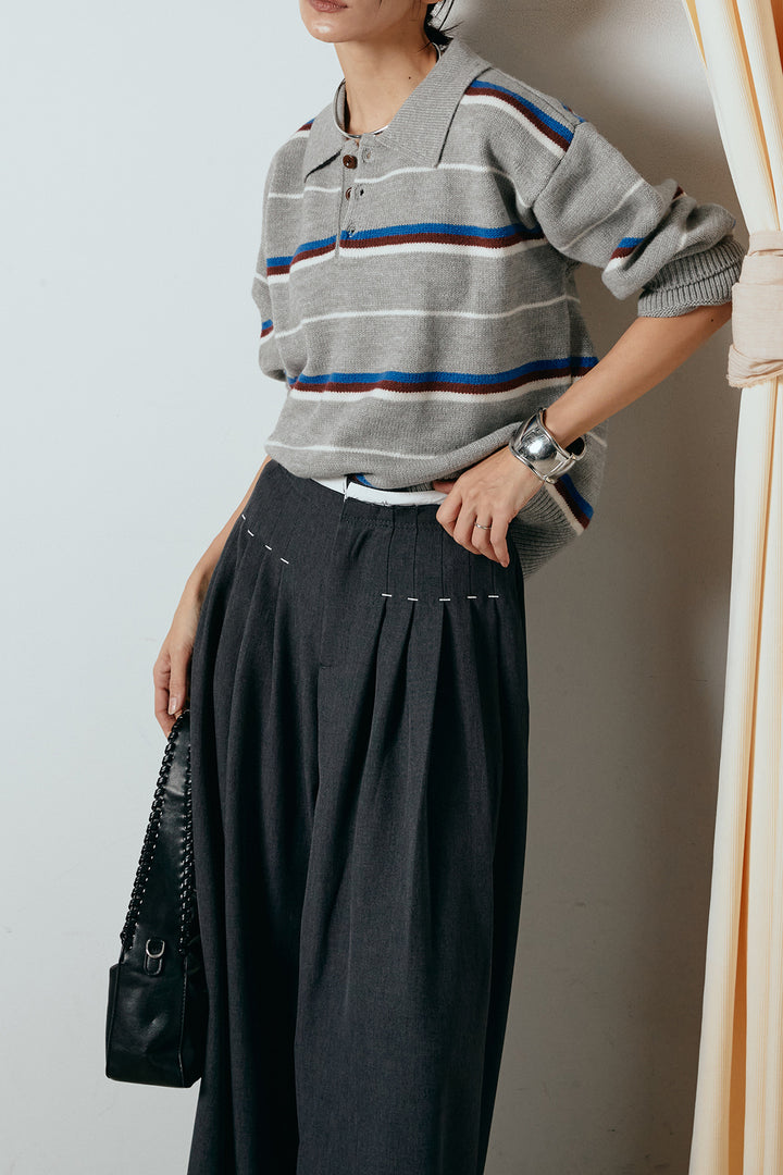 [SET]襟付きマルチボーダーニットポロトップス+ウエストステッチデザインワイドスラックス(2set)