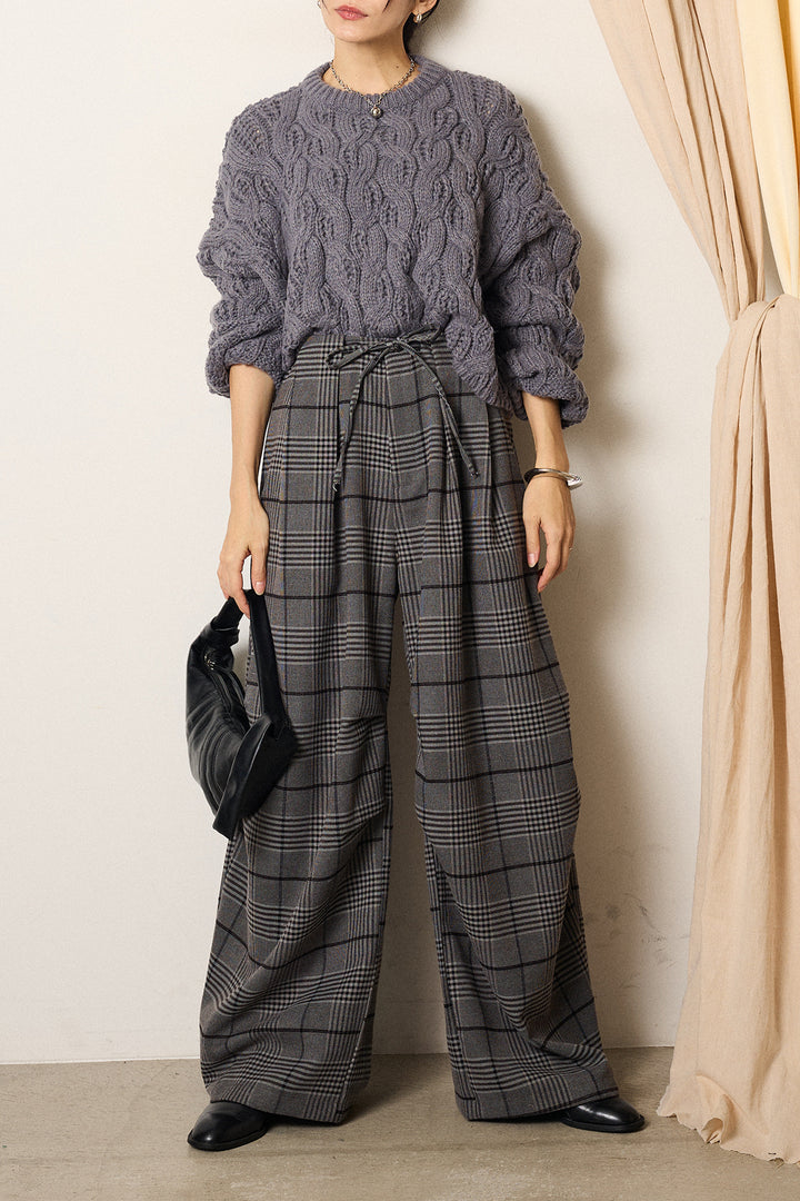 [SET]ケーブルリラックスショートニット+グレンチェックルーズタックパンツ(2set)