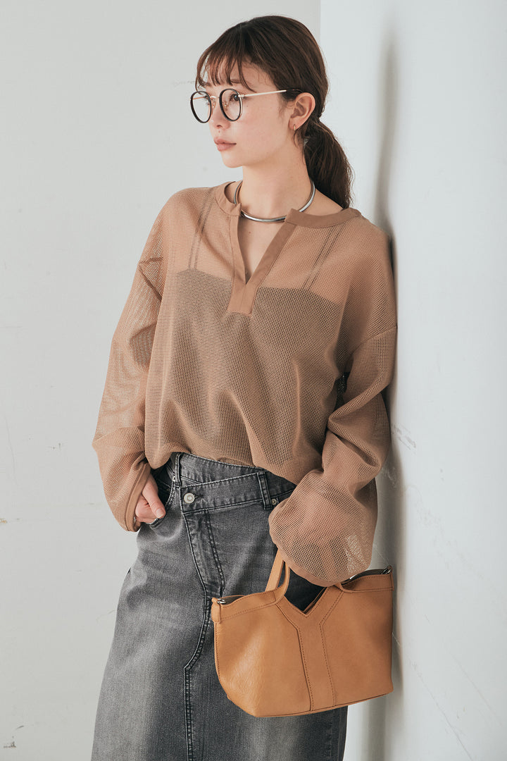 [SET]メッシュカットソースキッパープルオーバー+ウエストクロスデニムタイトスカート(2set)