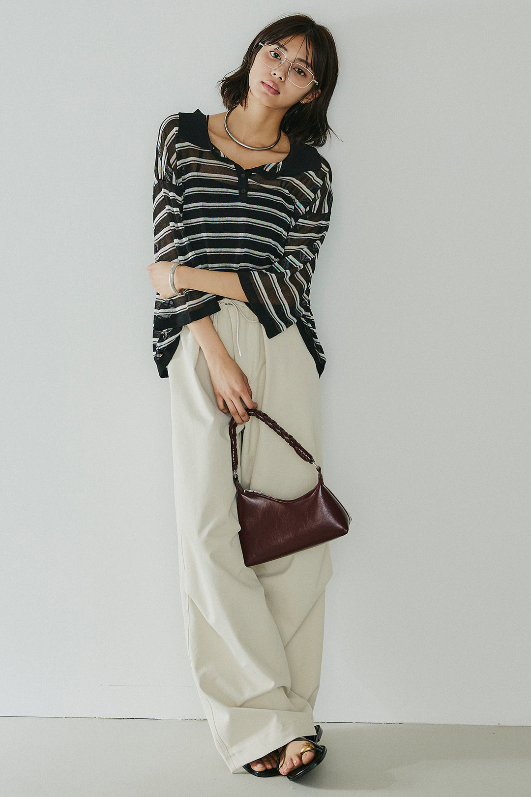 [SET]ボーダーニットポロシャツ+ニーサイドタックウエストドロスパンツ(2set)